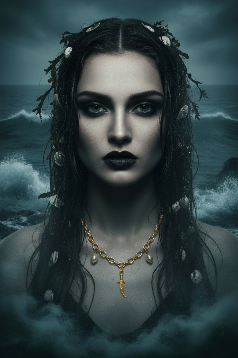A dark, moody portrait of a woman with long black hair, heavy eye makeup, and a gold pendant necklace, set against a stormy ocean background.