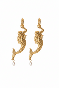 A pair of gold-tone mermaid dangle earrings with a small white pearl hanging from each earring, shown against a plain white background.