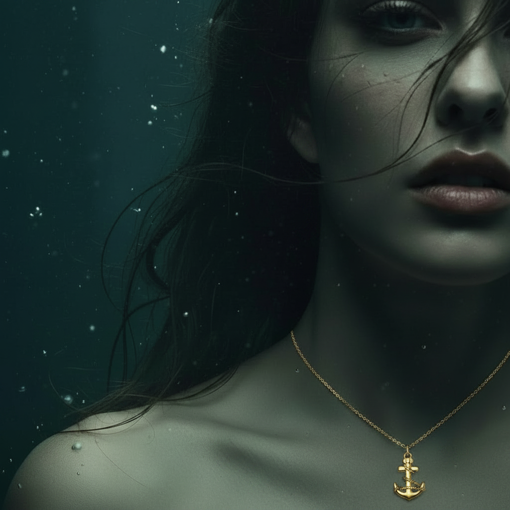 A close-up portrait of a woman underwater wearing a delicate gold anchor pendant necklace. Her face is partially obscured by dark water and hair, and the background is a dark, misty teal-blue underwater scene with floating particles.