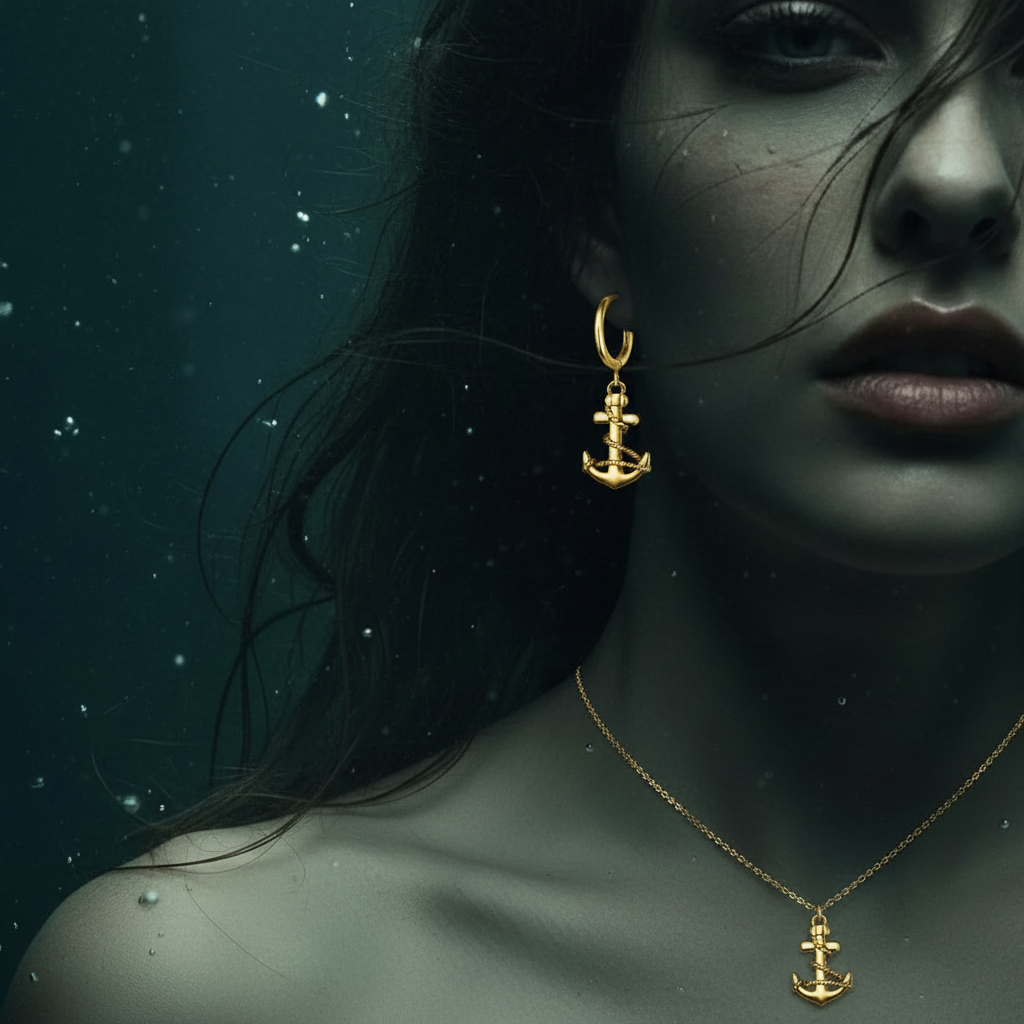 A close-up portrait of a woman underwater wearing a gold anchor pendant necklace and matching gold anchor drop earrings against a dark teal-blue water background.