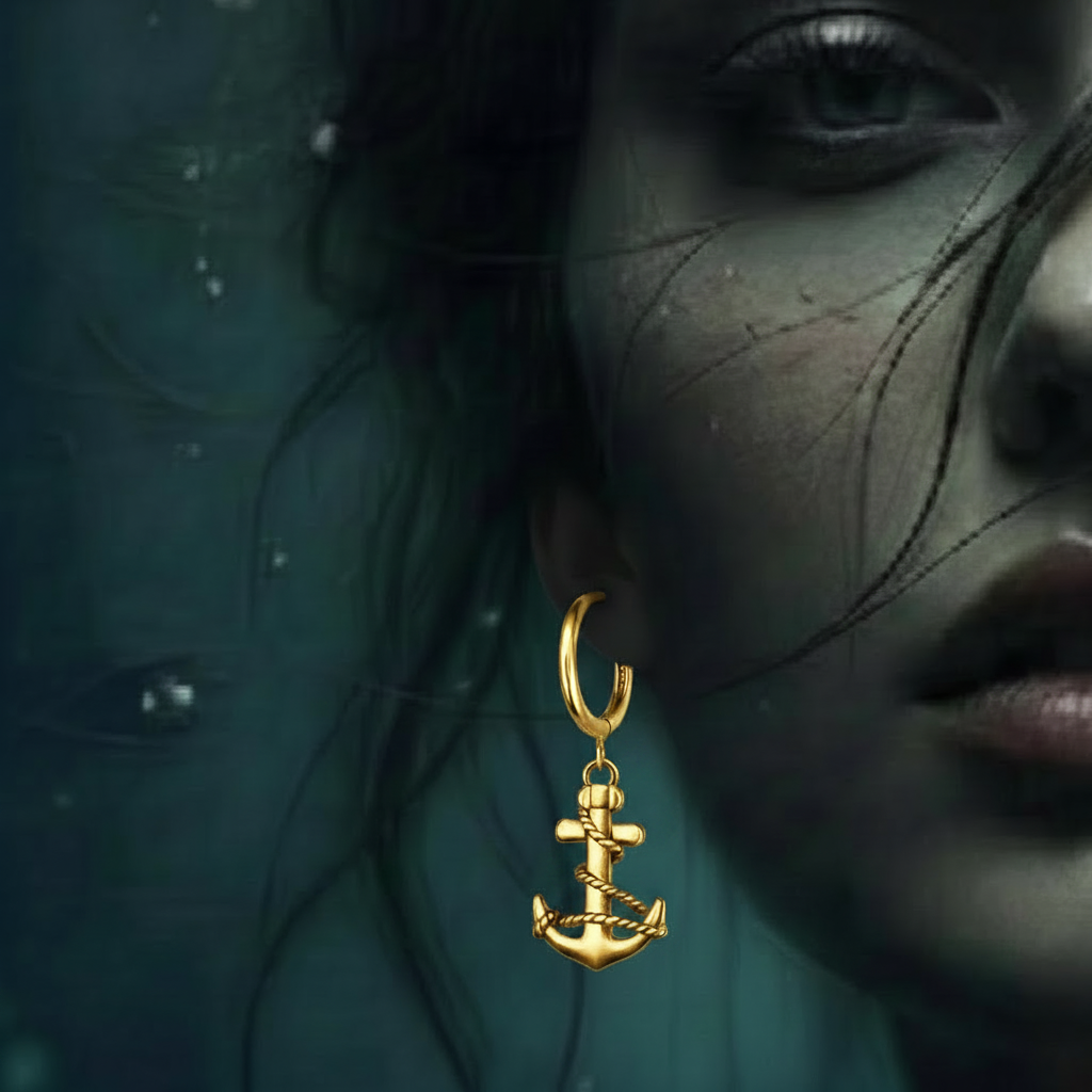 A close-up lifestyle shot of a model underwater, wearing a gold hoop earring with a dangling anchor charm.