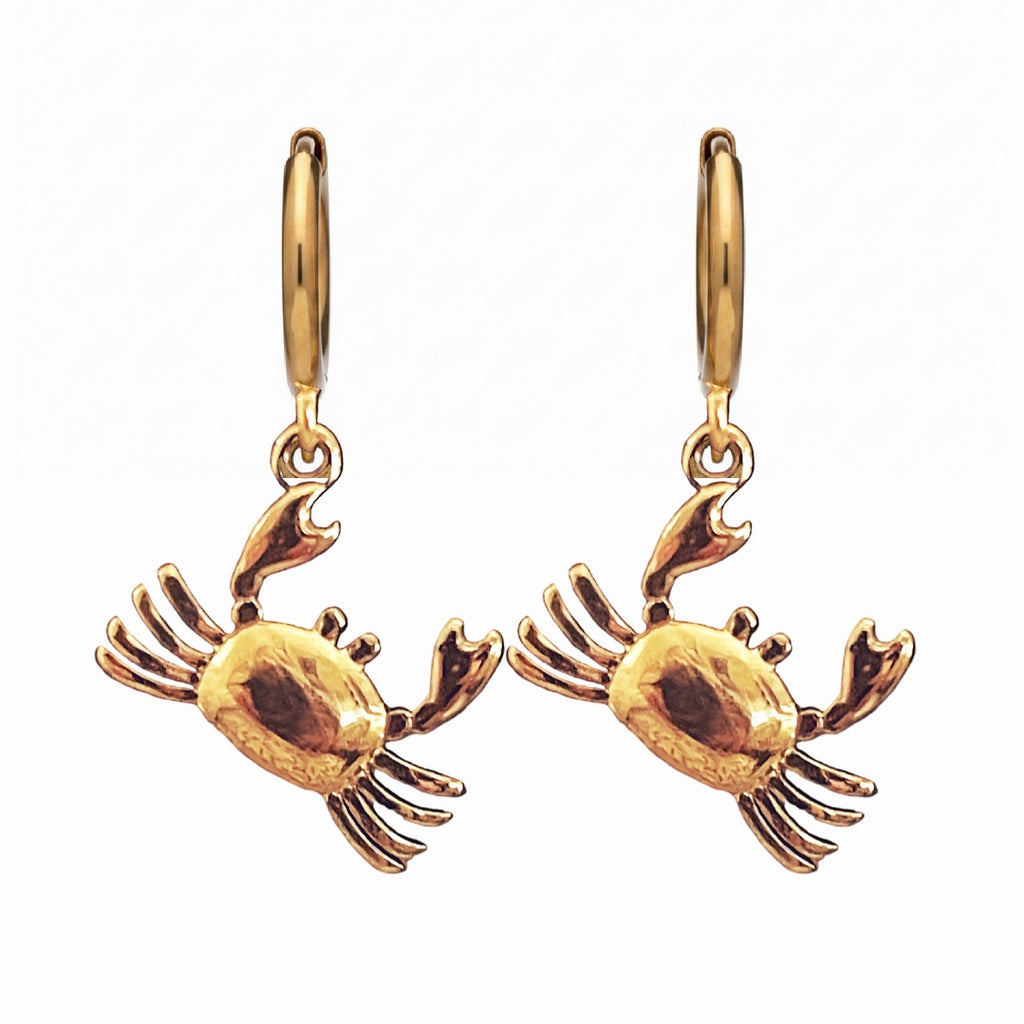 Gold crab-shaped earrings on a white background