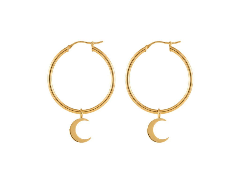 A pair of gold-tone hoop earrings with a small crescent moon dangle, shown against a plain white background.