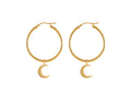 A pair of gold-tone hoop earrings with a small crescent moon dangle, shown against a plain white background.