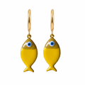 Yellow fish-shaped earrings with gold hoops on a white background