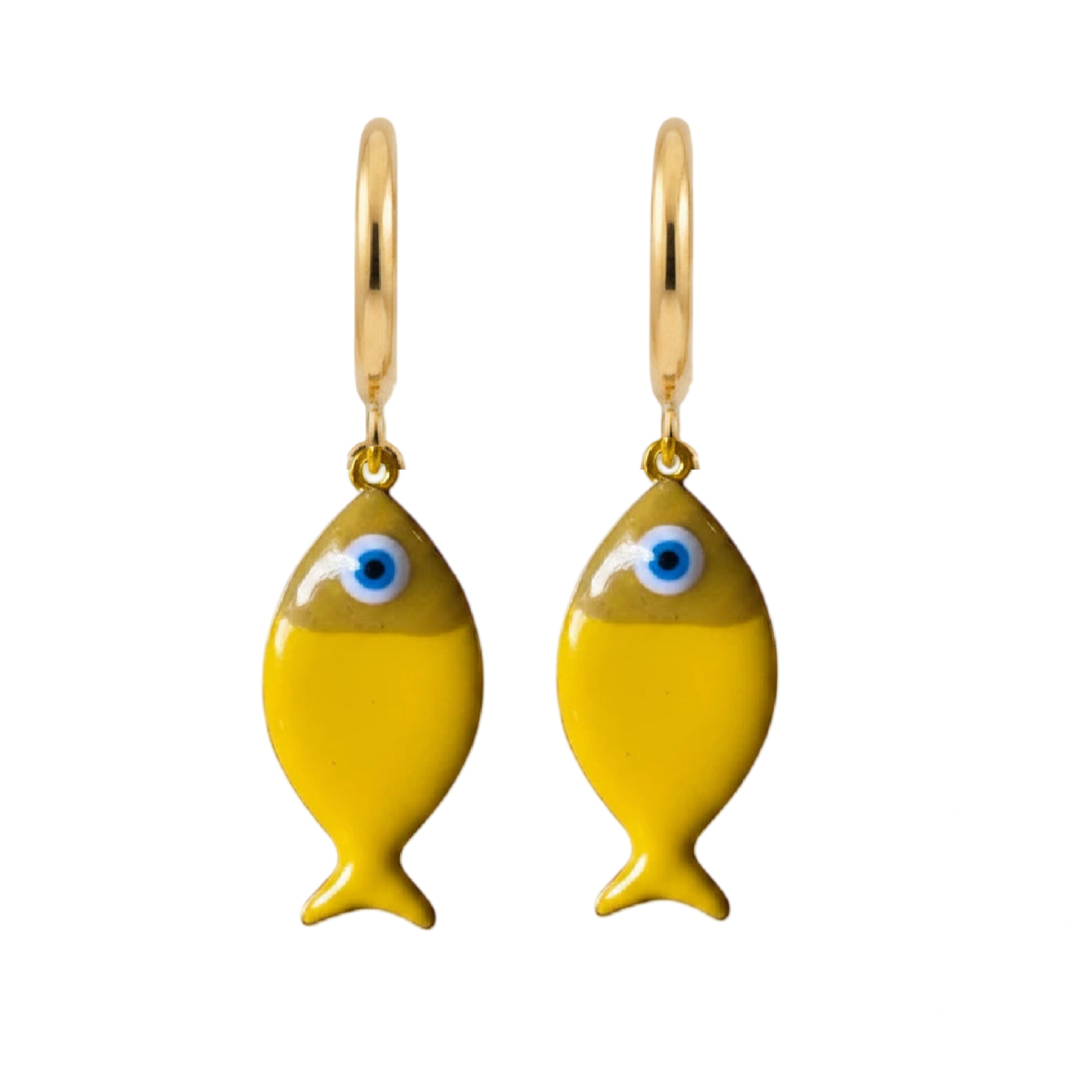 Yellow fish-shaped earrings with gold hoops on a white background