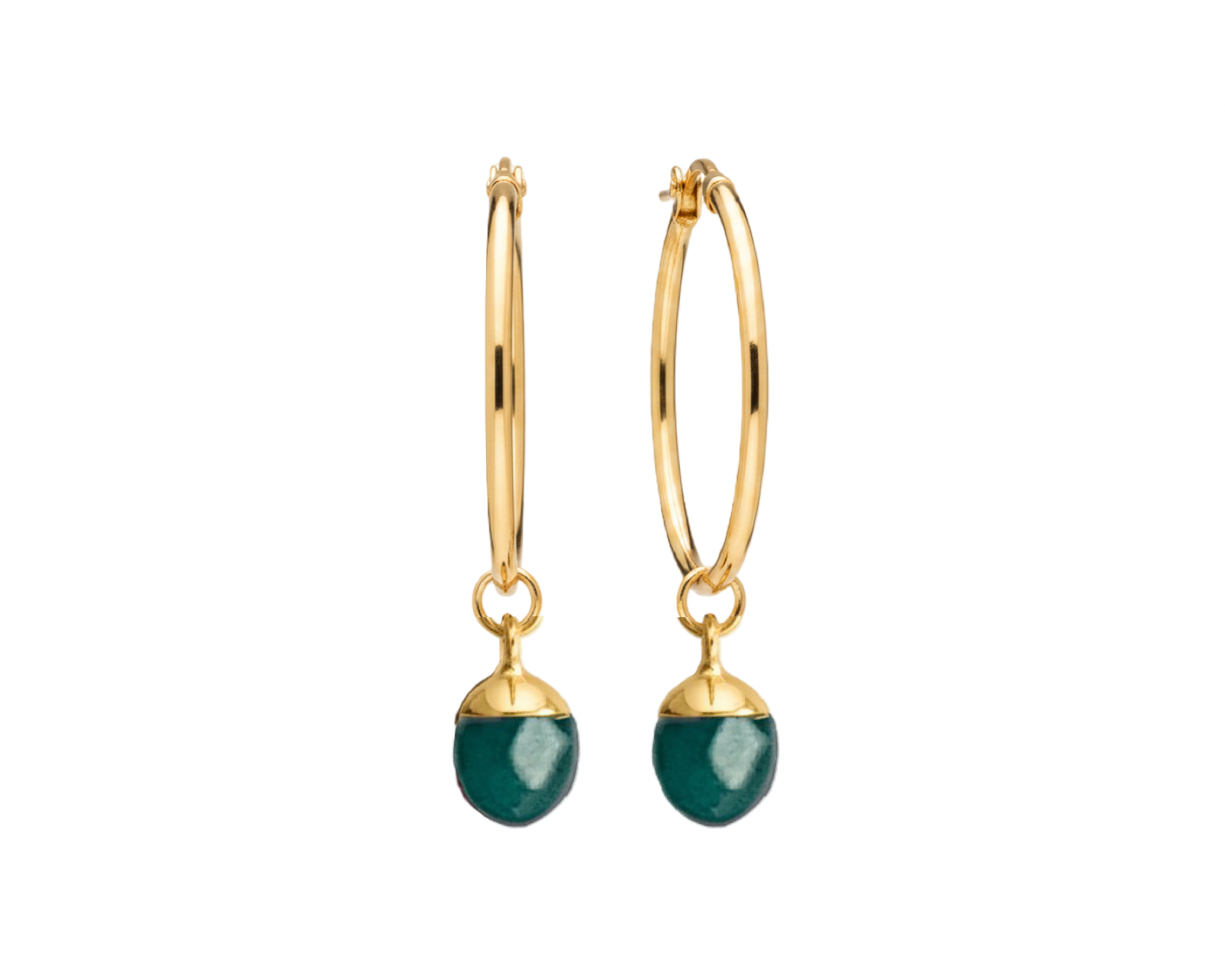 A pair of gold hoop earrings with dangling oval turquoise gemstone drops, shown against a plain white background.