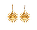A pair of gold sunburst drop earrings with a polished circular center and radiating pointed rays, shown against a plain white background.