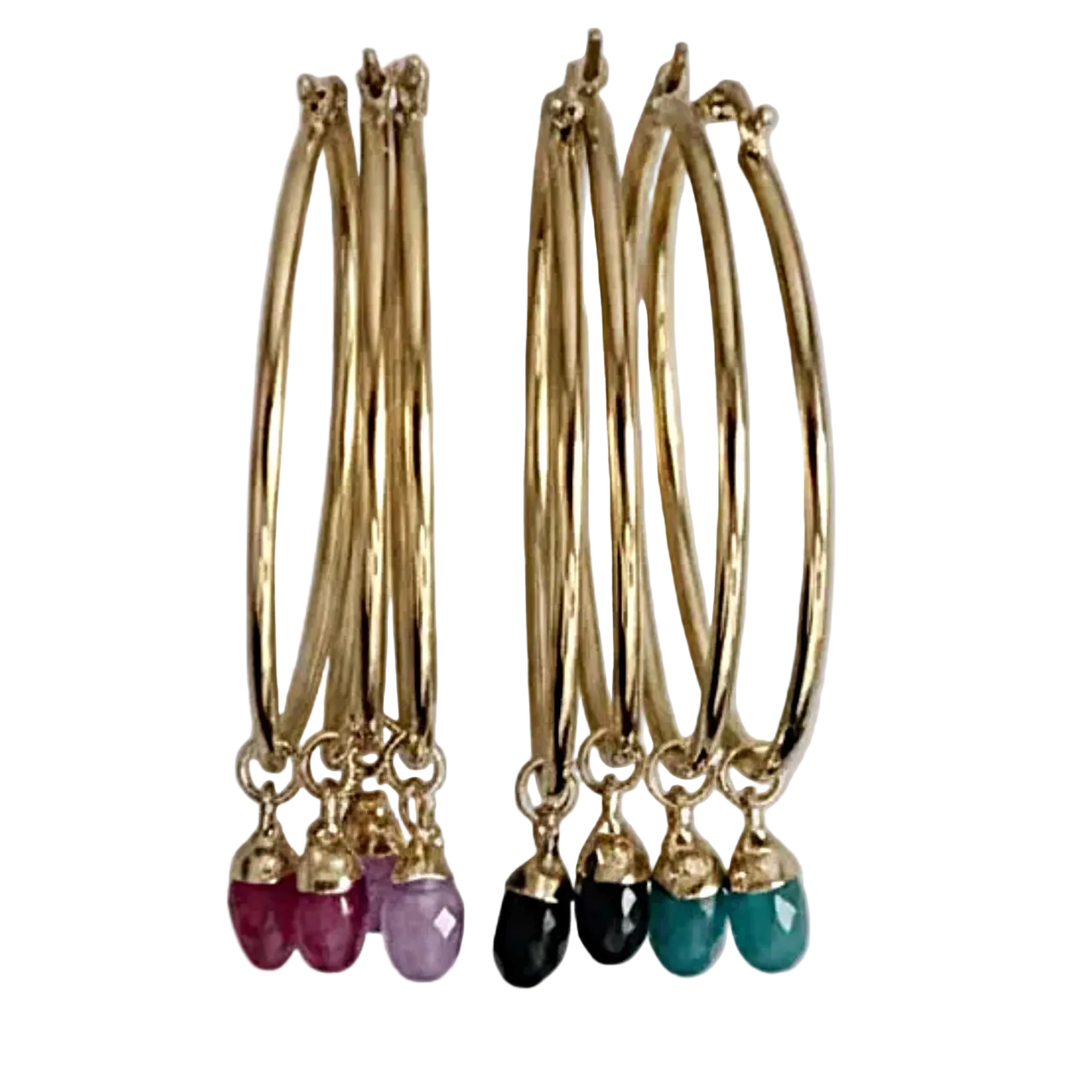 Gold hoop earrings with colored gemstone drops on a white background