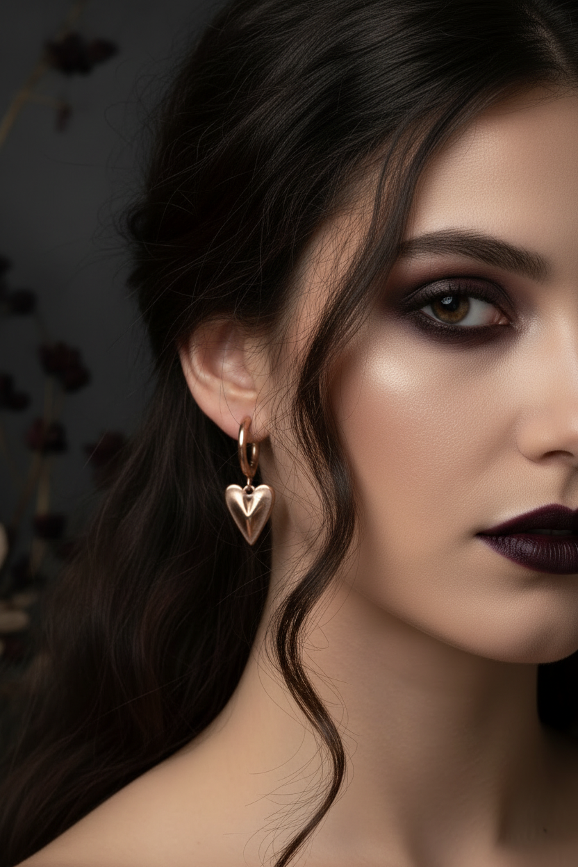 Close-up of a woman wearing gold heart-shaped earrings with a dark background