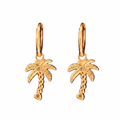 Gold hoop earrings with gold palm trees on a white background.