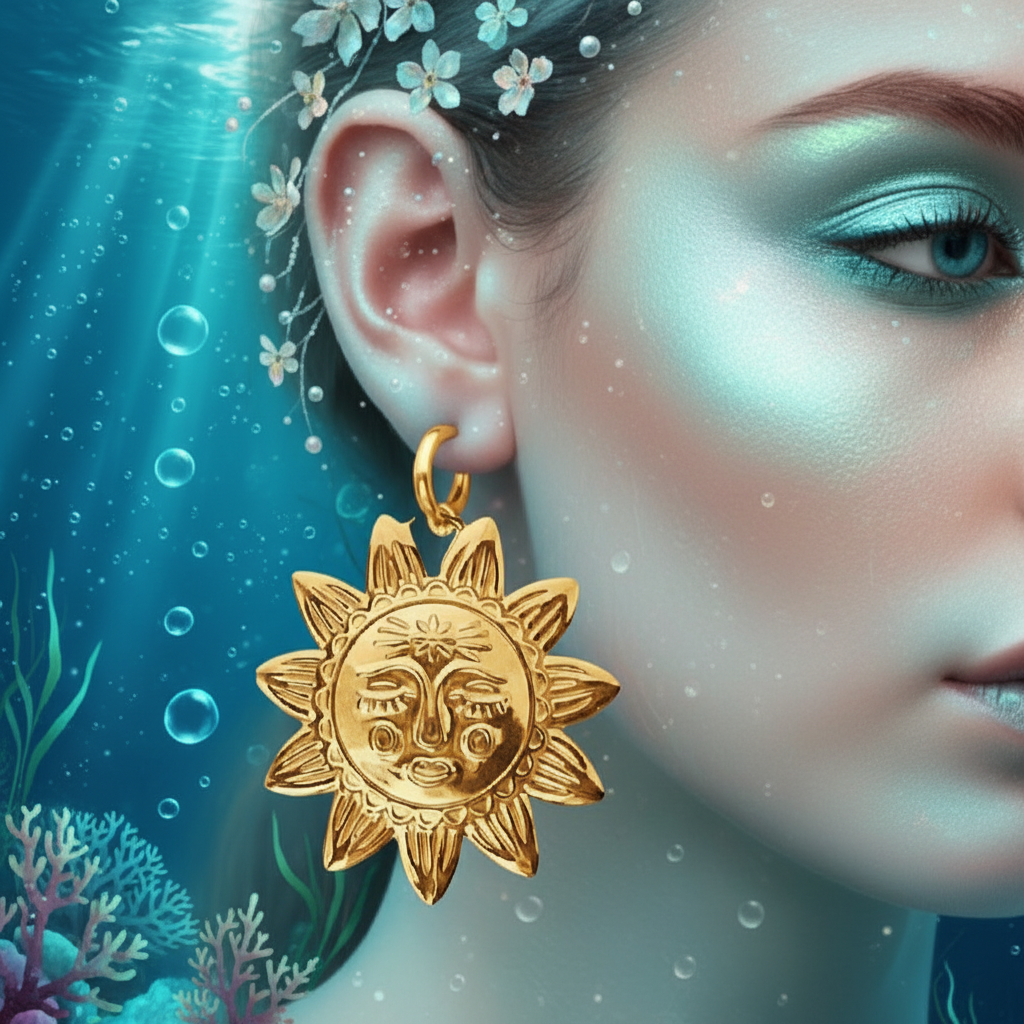 A close-up of a woman's ear and side profile wearing a gold sun-face dangle earring, set against an underwater scene with blue water, bubbles, and coral.