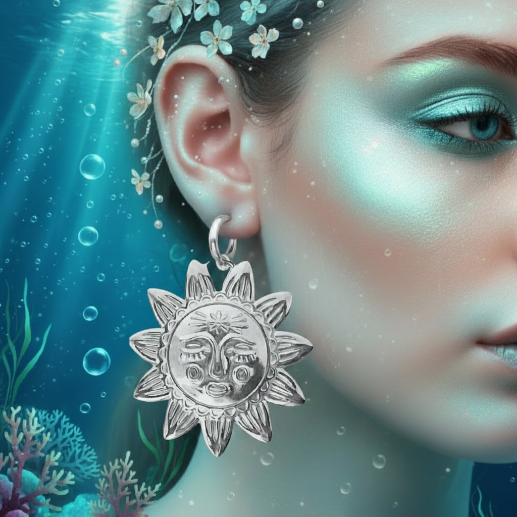 A silver sun-face dangle earring worn on a woman's ear, set against an underwater scene with blue water, bubbles, coral, and a close-up of the woman's face and ear.