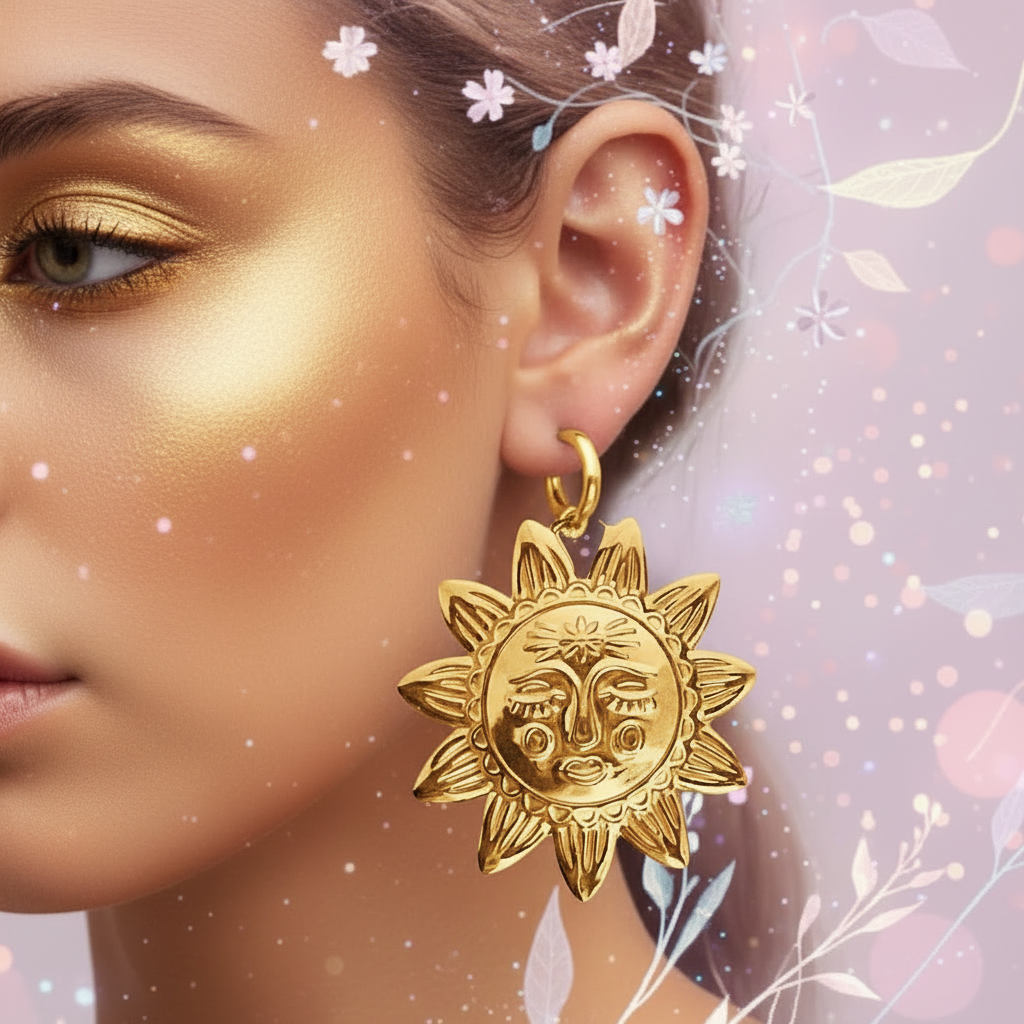 Gold sun-shaped earring worn by a model with a soft, blurred background