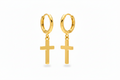 A pair of gold hoop earrings with small cross dangles, shown on a clean white background.