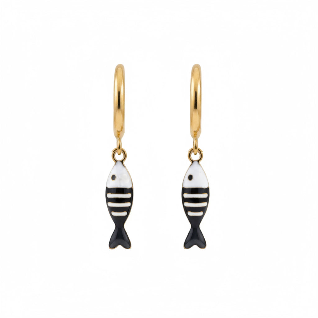 Gold fish-shaped earrings with black and white stripes on a white background