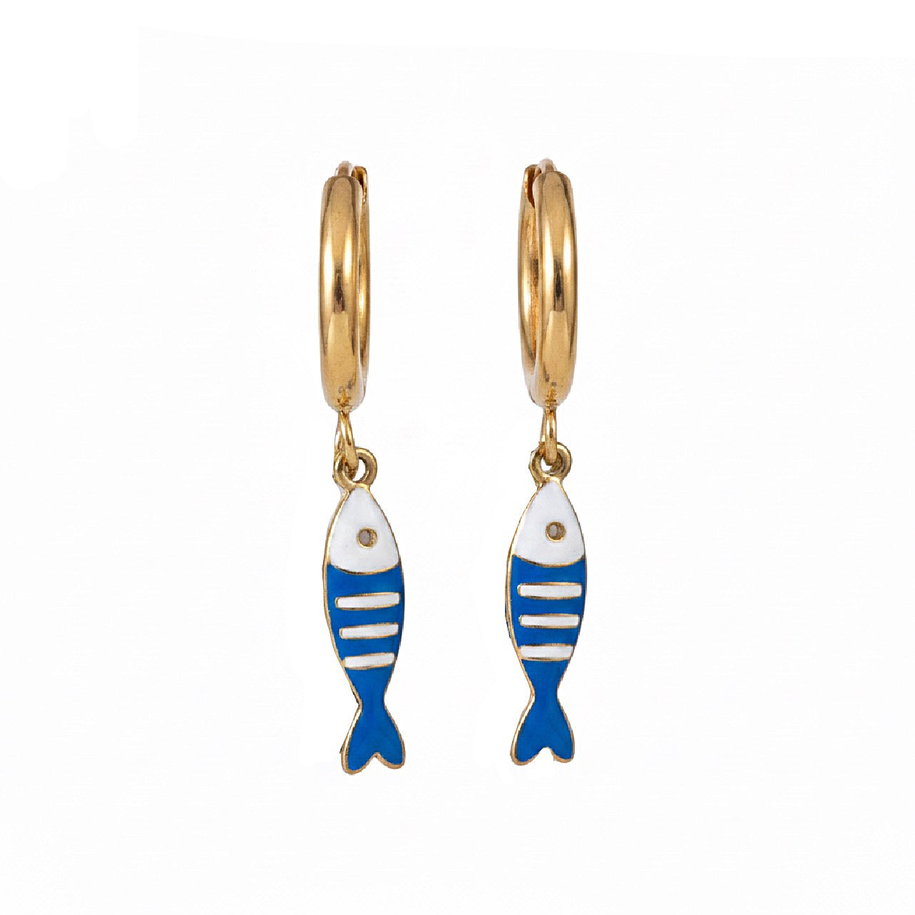 Gold hoop earrings with blue and white striped fish on white background 