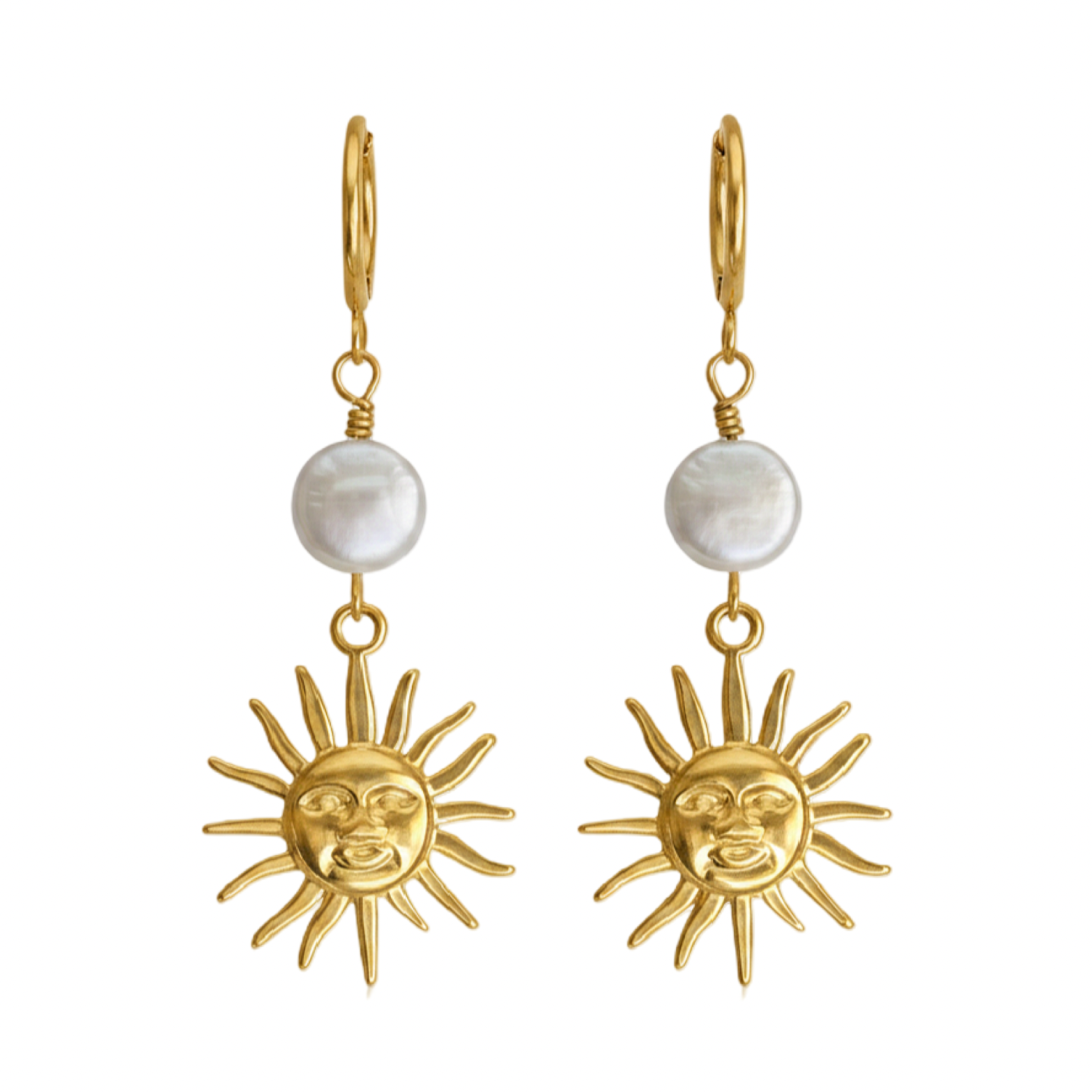 A pair of gold-tone dangle earrings featuring a small round white pearl and a dangling sun face charm, shown against a plain white background.