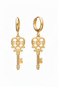 Gold key-shaped earrings on a white background