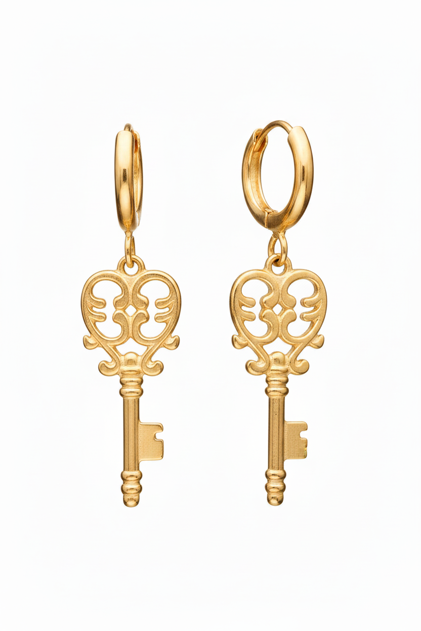 Gold key-shaped earrings on a white background
