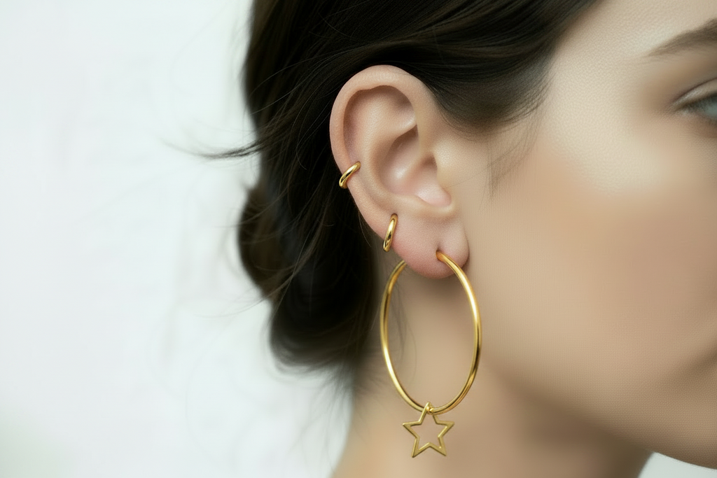 Close-up of a person wearing gold hoop earrings with star details.