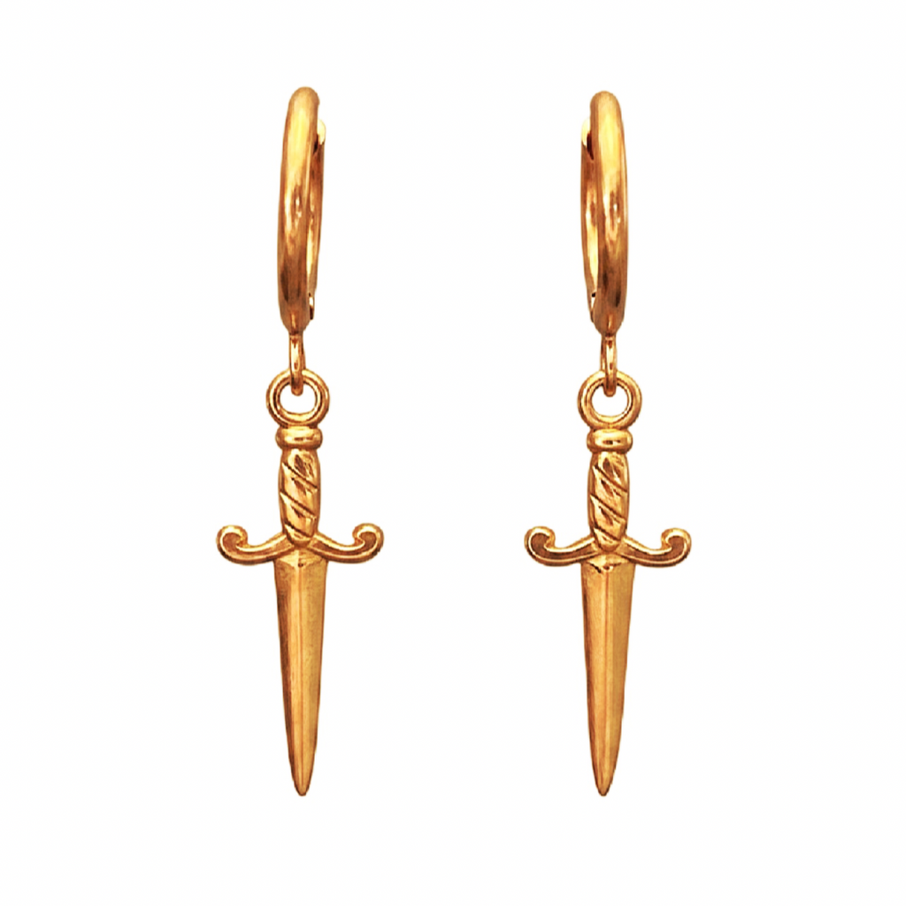 A pair of gold small hoops and sword-shaped pendants, shown on a plain white background.