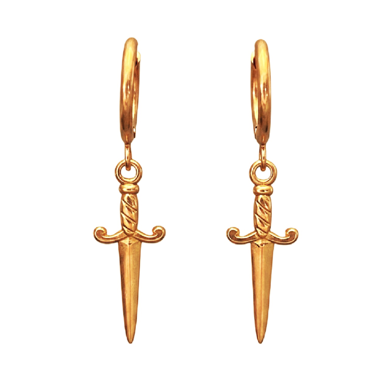 A pair of gold small hoops and sword-shaped pendants, shown on a plain white background.