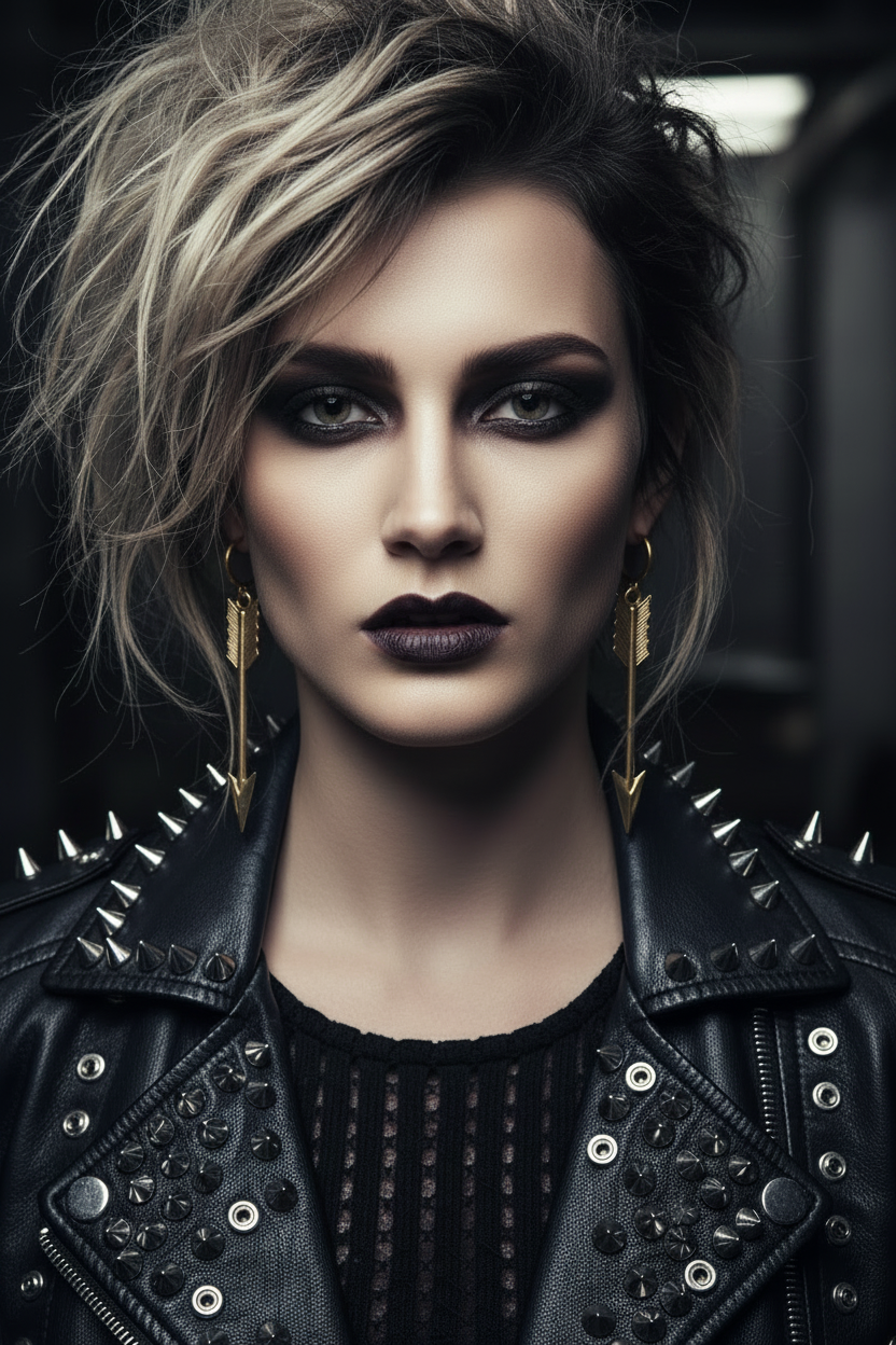 Woman wearing a black leather jacket with spikes and studs, dark makeup, and gold earrings.