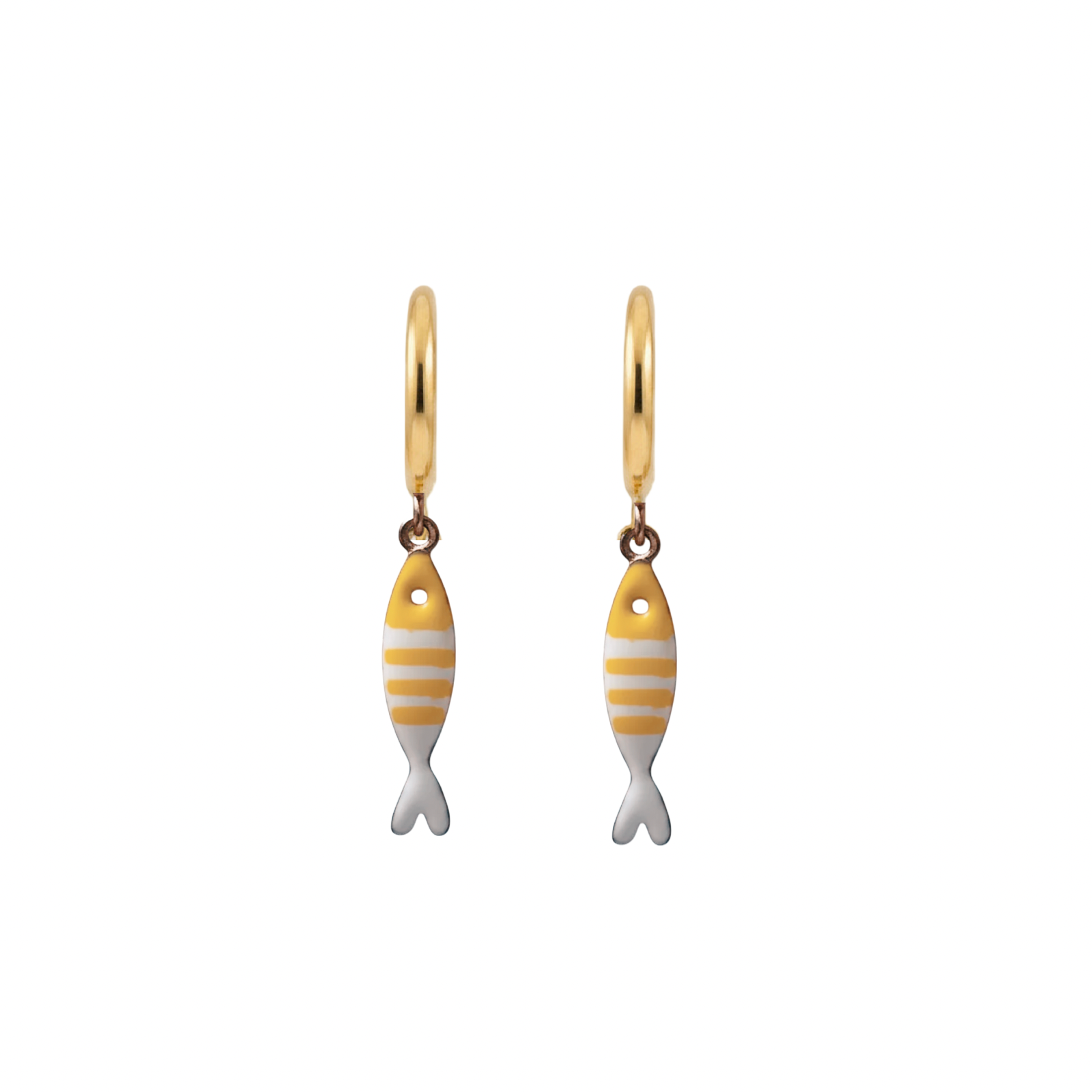 Gold fish-shaped earrings with yellow and white stripes on a white background