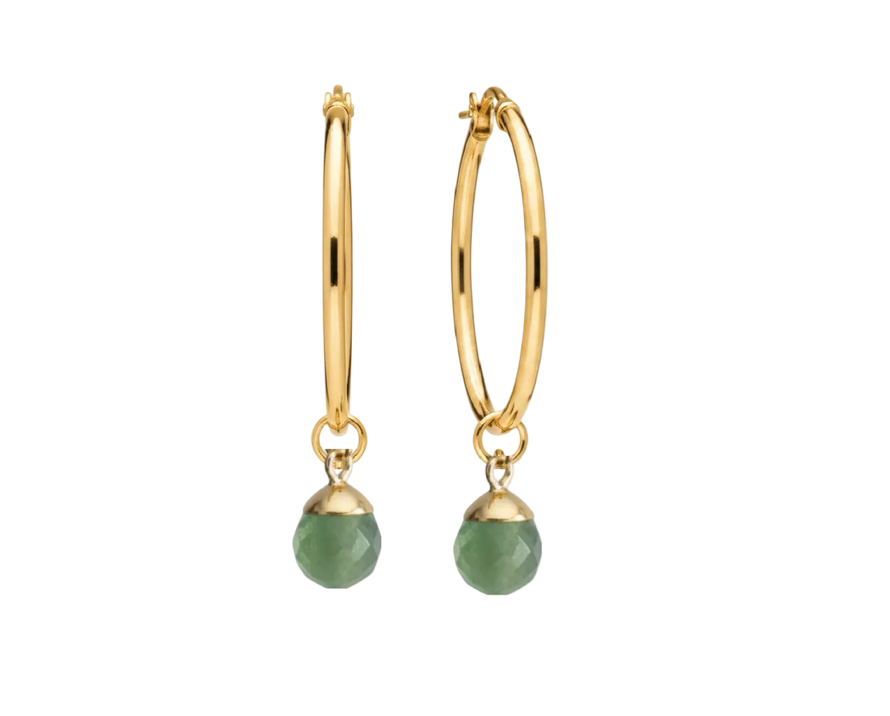 A pair of gold hoop earrings with faceted green bead drops, shown against a plain white background.