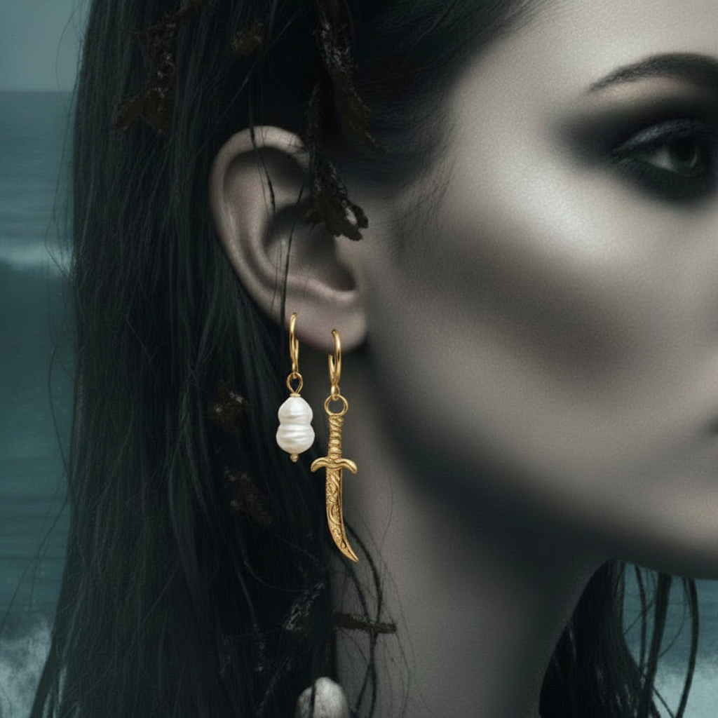 A close-up of a woman's ear wearing two gold-toned drop earrings: one with a white pearl bead and one with a small sword charm, against a moody dark background.