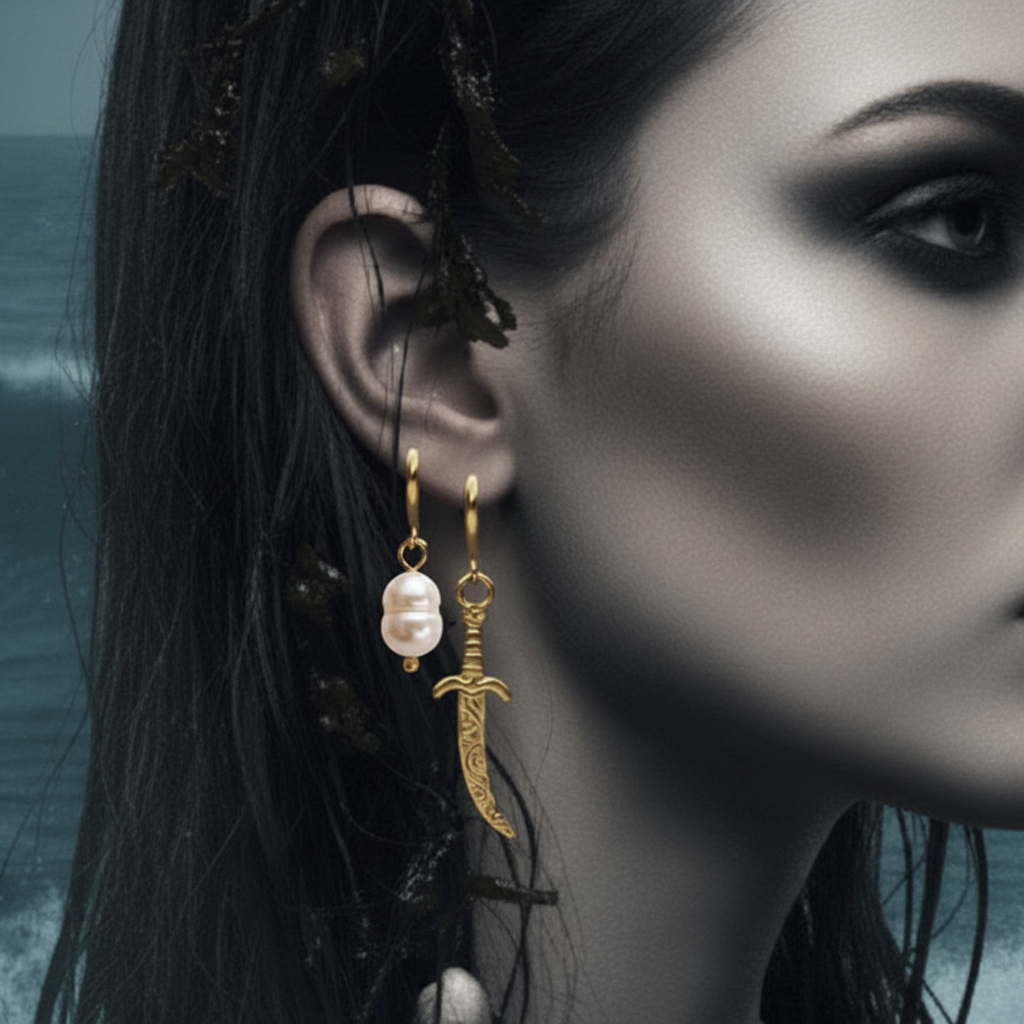 A close-up of a woman's ear wearing two dangling earrings: one with a white pearl and one with an ornate gold dagger pendant, against a moody blue-gray background.
