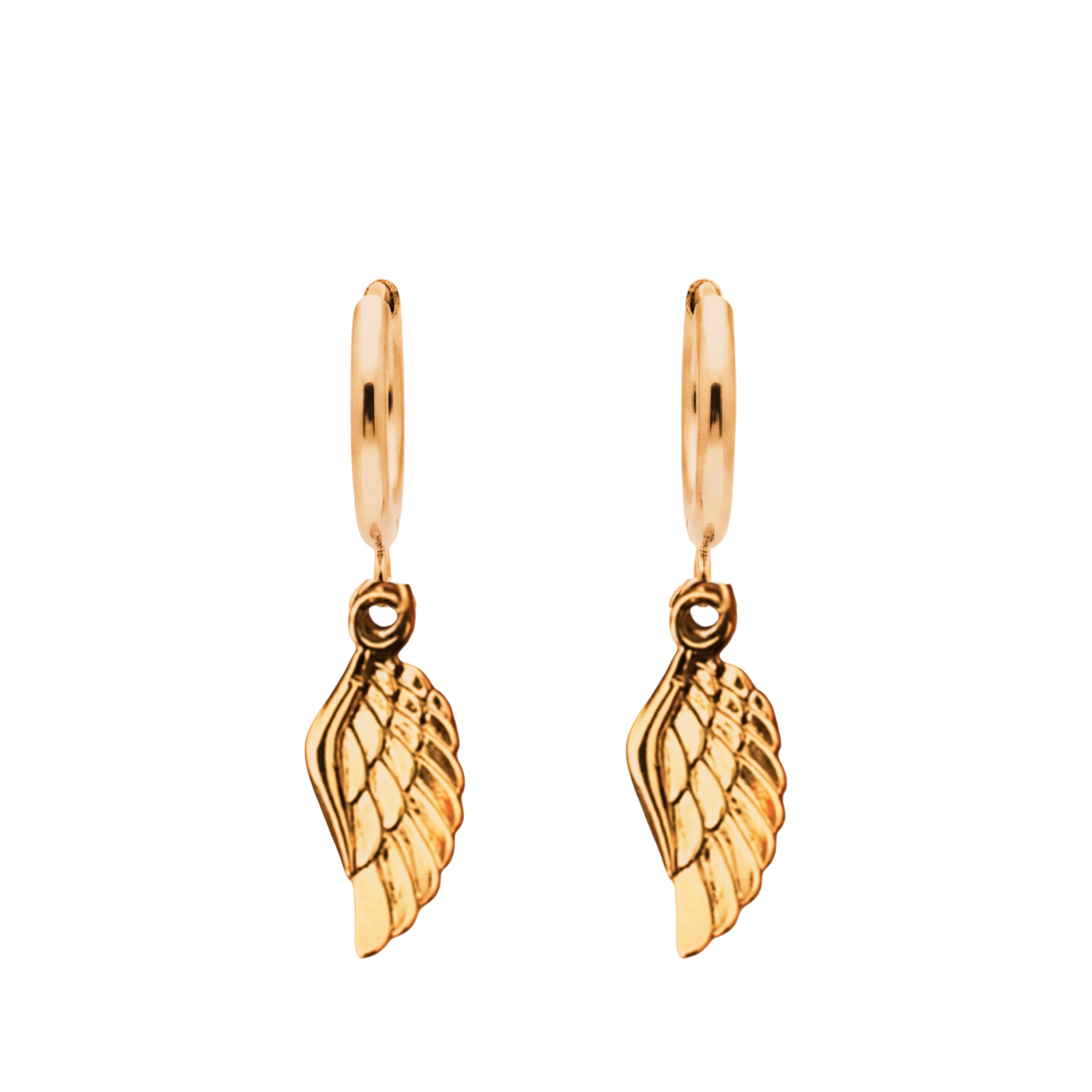Gold wing-shaped earrings on a white background