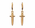 Gold dagger-shaped earrings on a white background