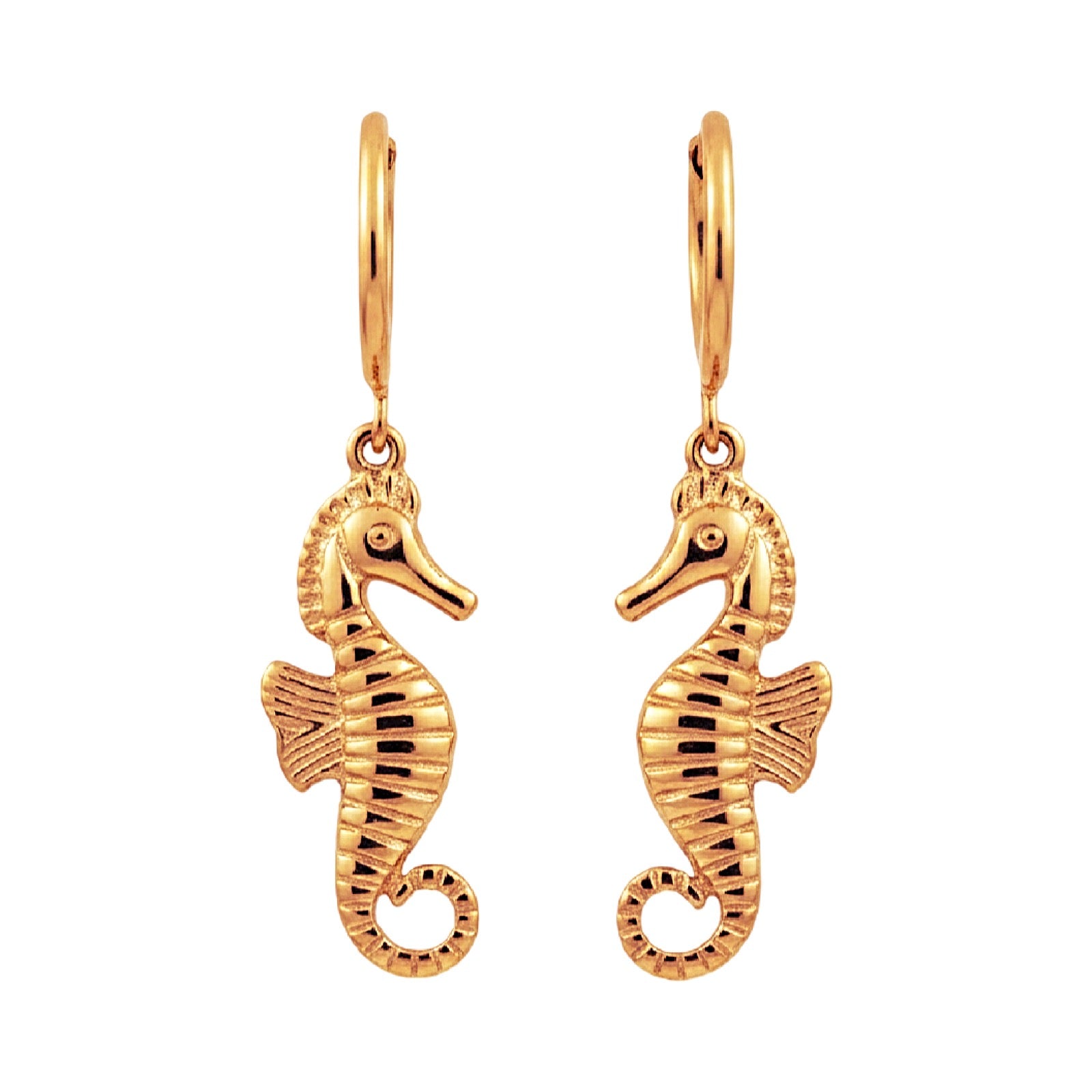 Gold seahorse earrings on a white background