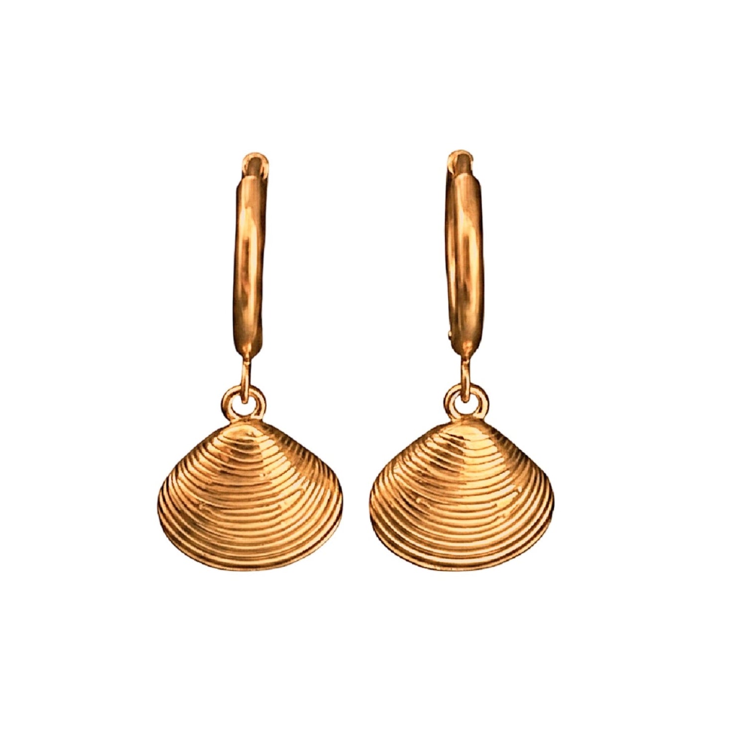 Pair of gold shell-shaped earrings on a white background