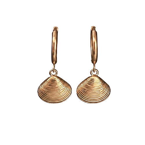 Pair of gold shell-shaped earrings on a white background