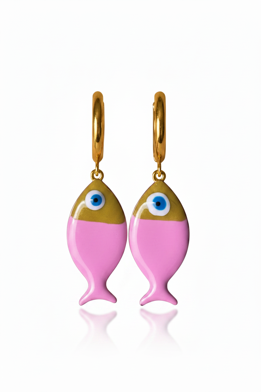 Pink fish-shaped earrings with gold hoops  on a white background
