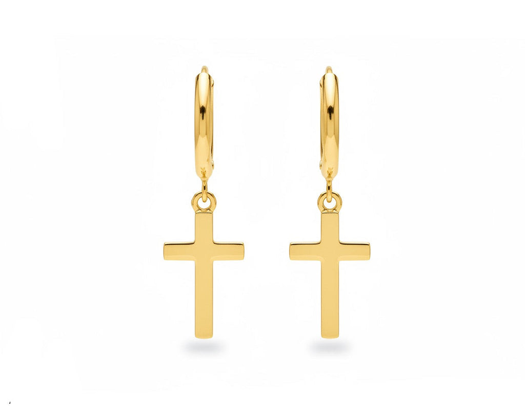 A pair of gold hoop earrings with small cross pendants, shown on a plain white background.
