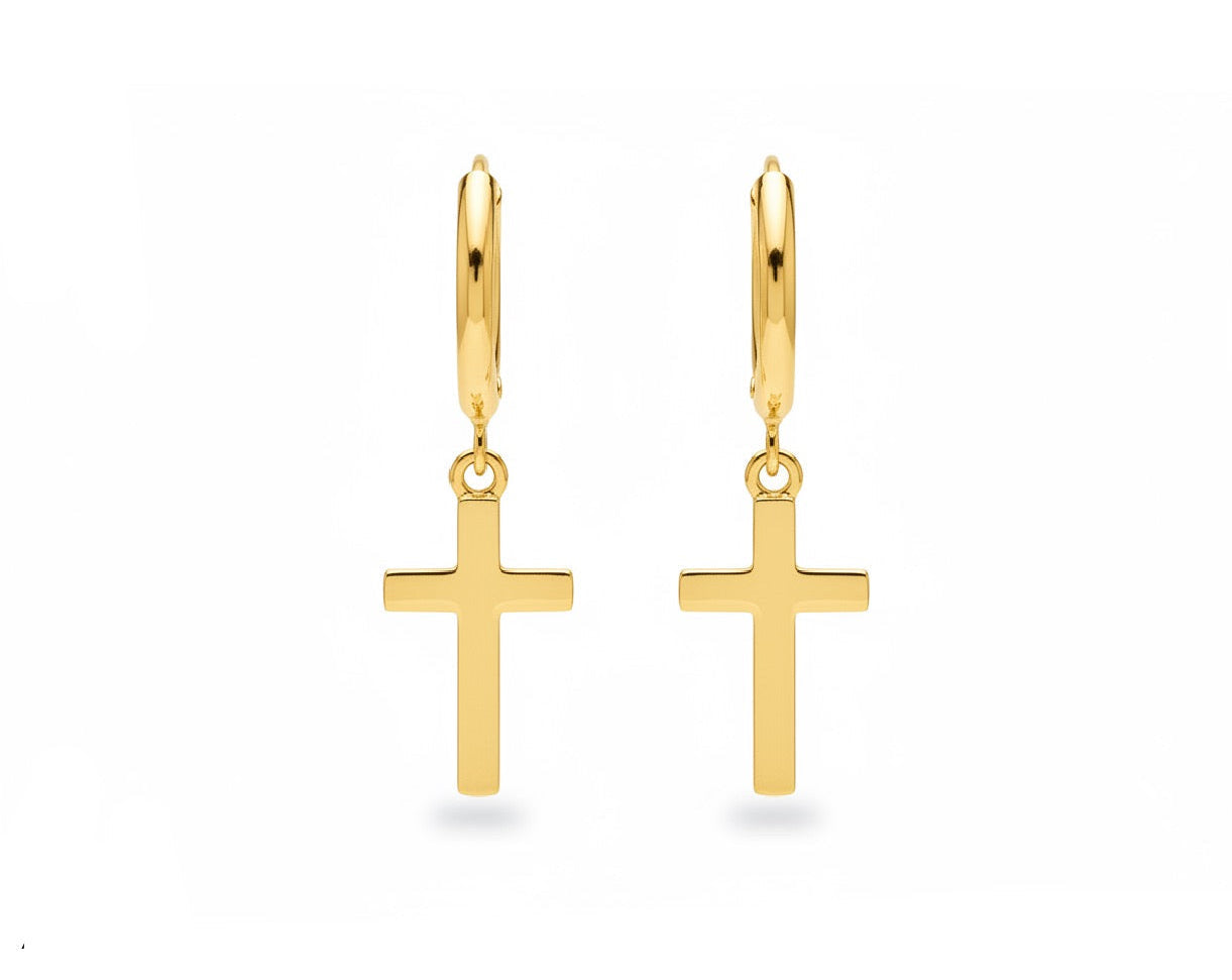 A pair of gold hoop earrings with small cross pendants, shown on a plain white background.