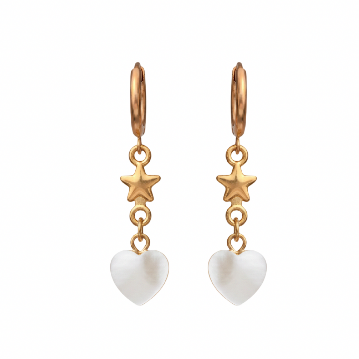 Gold earrings with star and heart charms on a white background