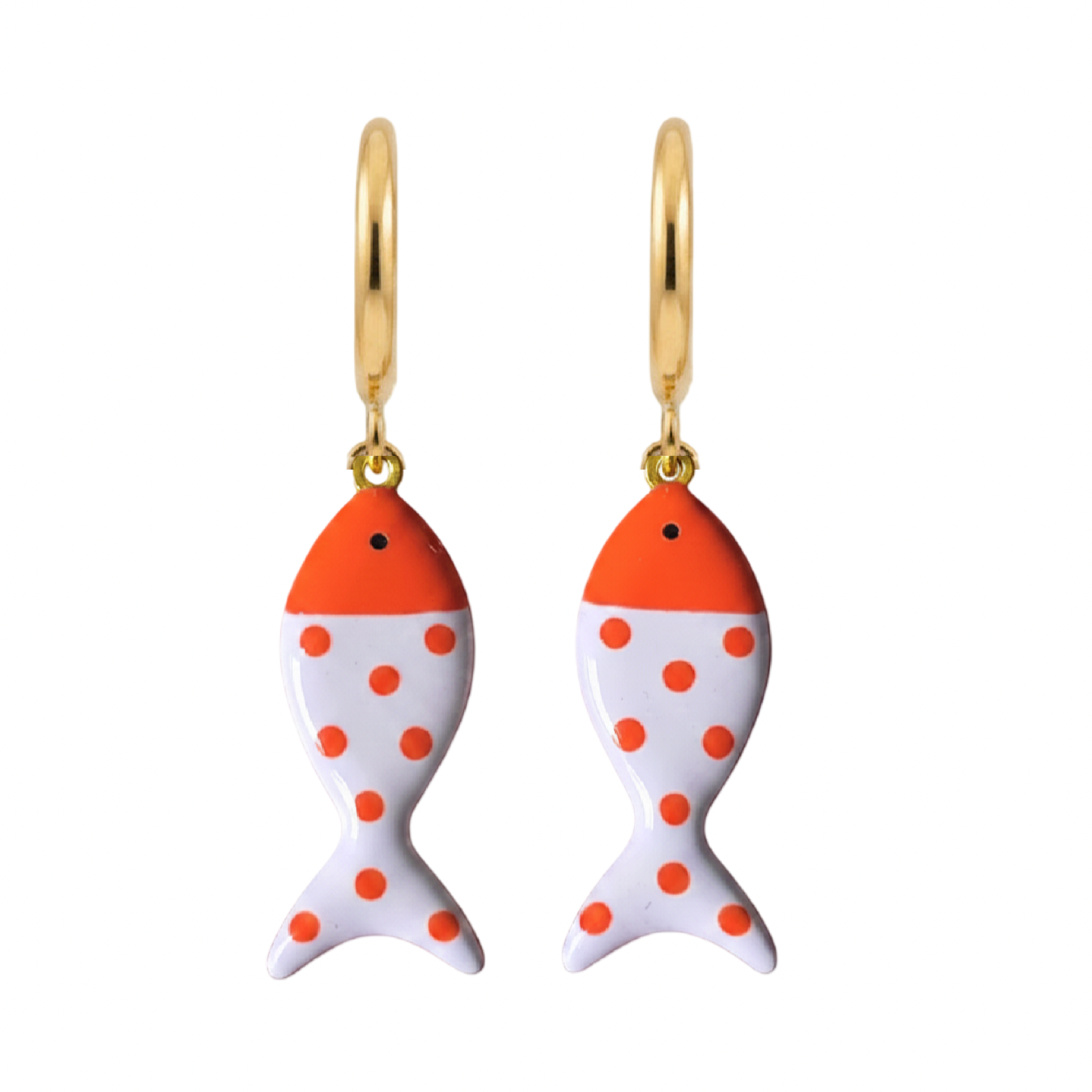 Gold fish-shaped earrings with orange and white design on a white background