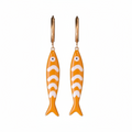 Yellow fish-shaped earrings with white stripes on a white background