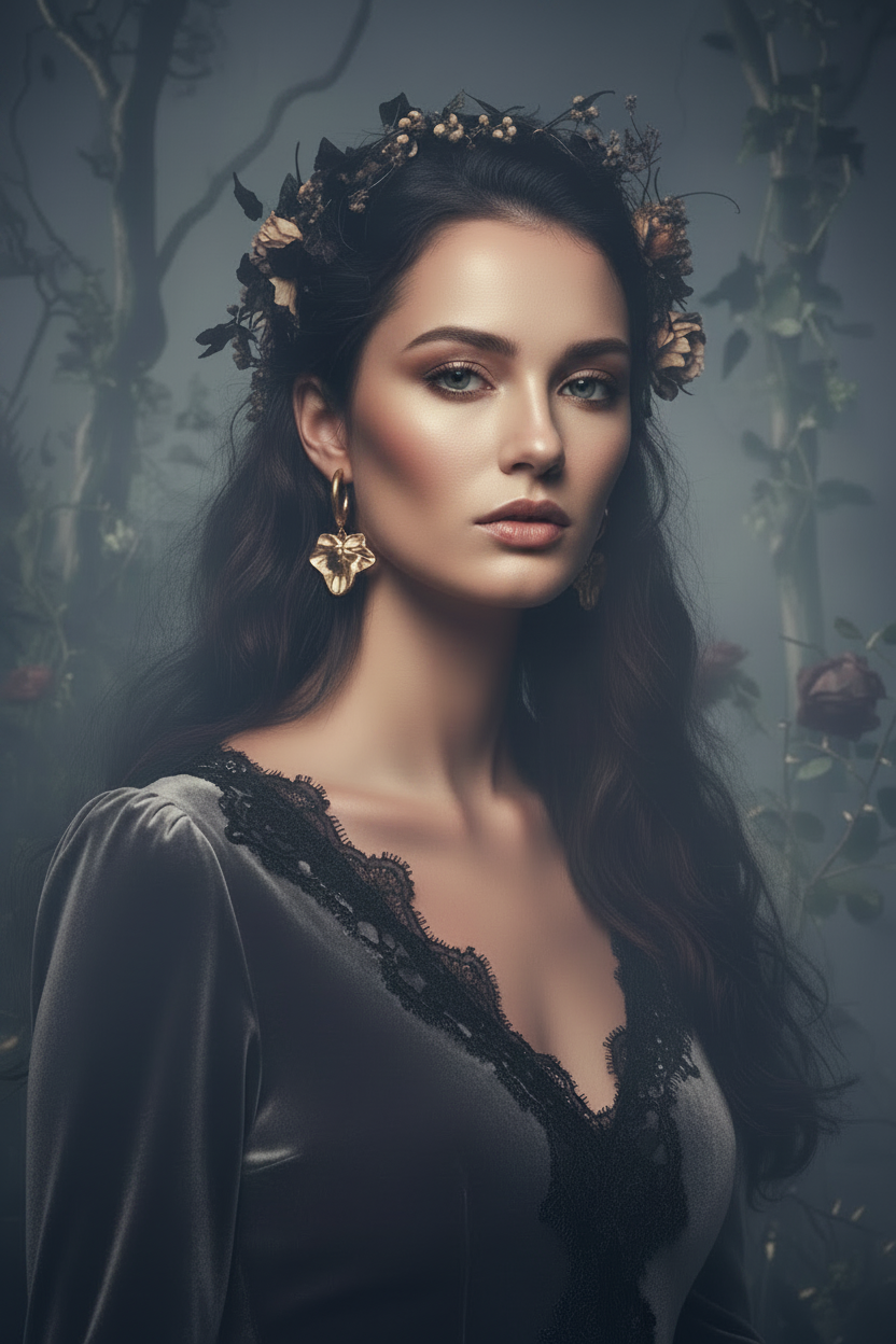 Woman in a dark, elegant outfit with floral headpiece and gold ivy earrings against a mystical background