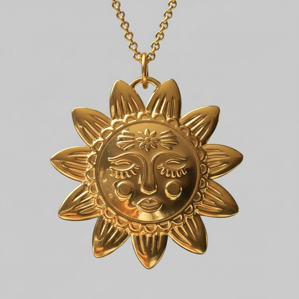 Gold sun-shaped pendant necklace on a light grey  background