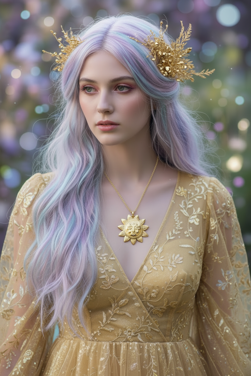 Woman with pastel hair and gold crown in a golden dress wearing a large gold sun pendant against a blurred background