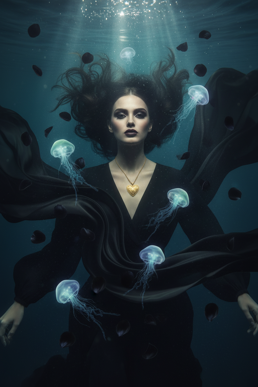 A woman underwater wearing a flowing black dress, with glowing jellyfish around her and dark petals floating in the blue water. She has dark hair and wears a gold heart pendant necklace.