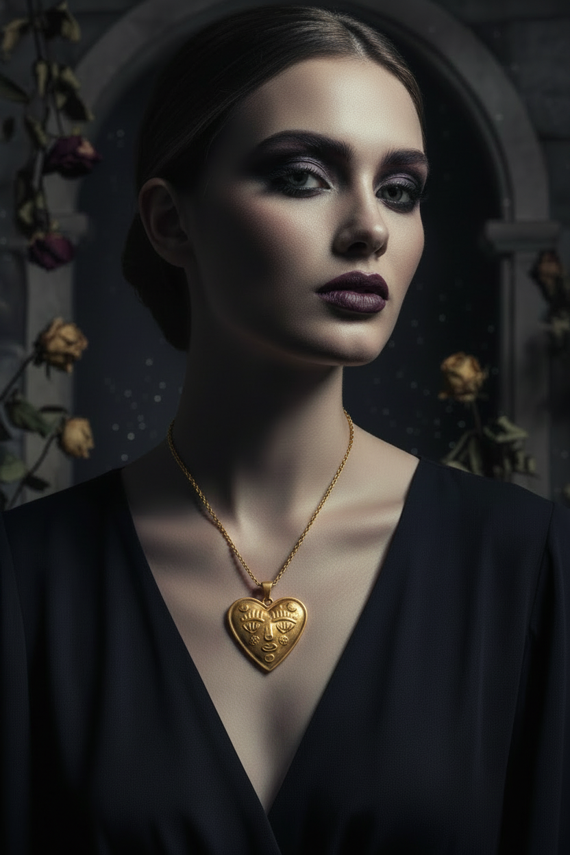 Woman wearing a gold heart-shaped necklace in a dark, moody setting with flowers.