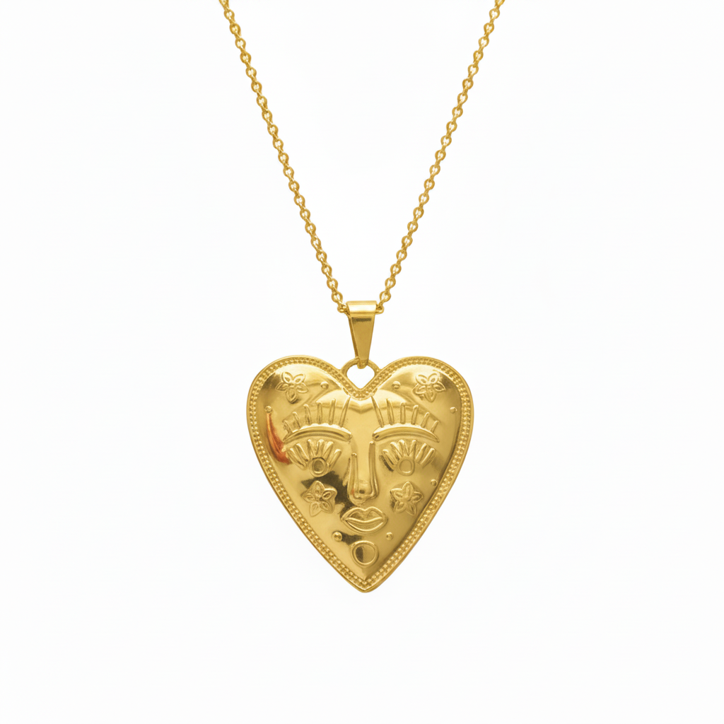 Gold heart-shaped pendant necklace on a white background