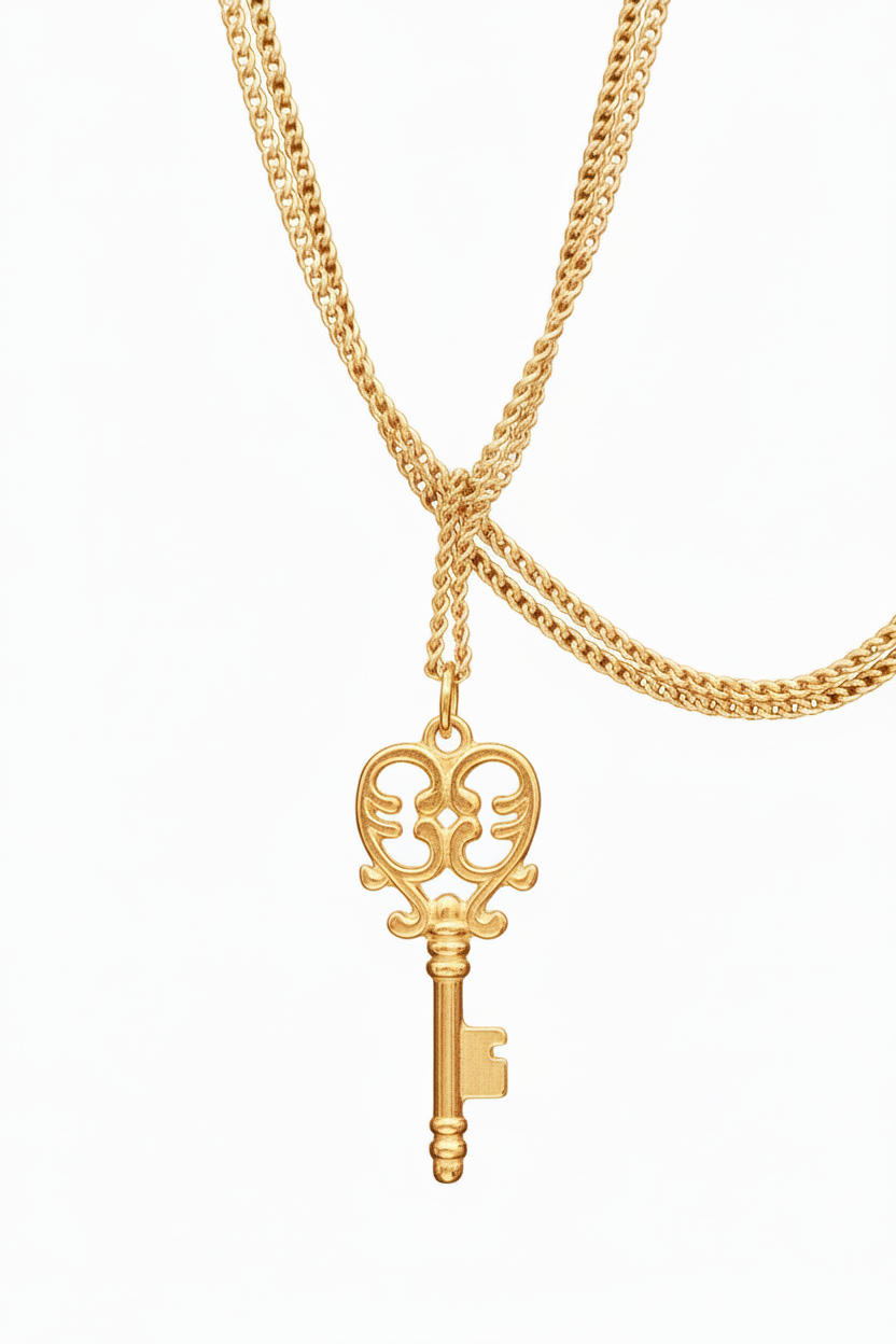 Gold key-shaped pendant on a gold chain against a white background